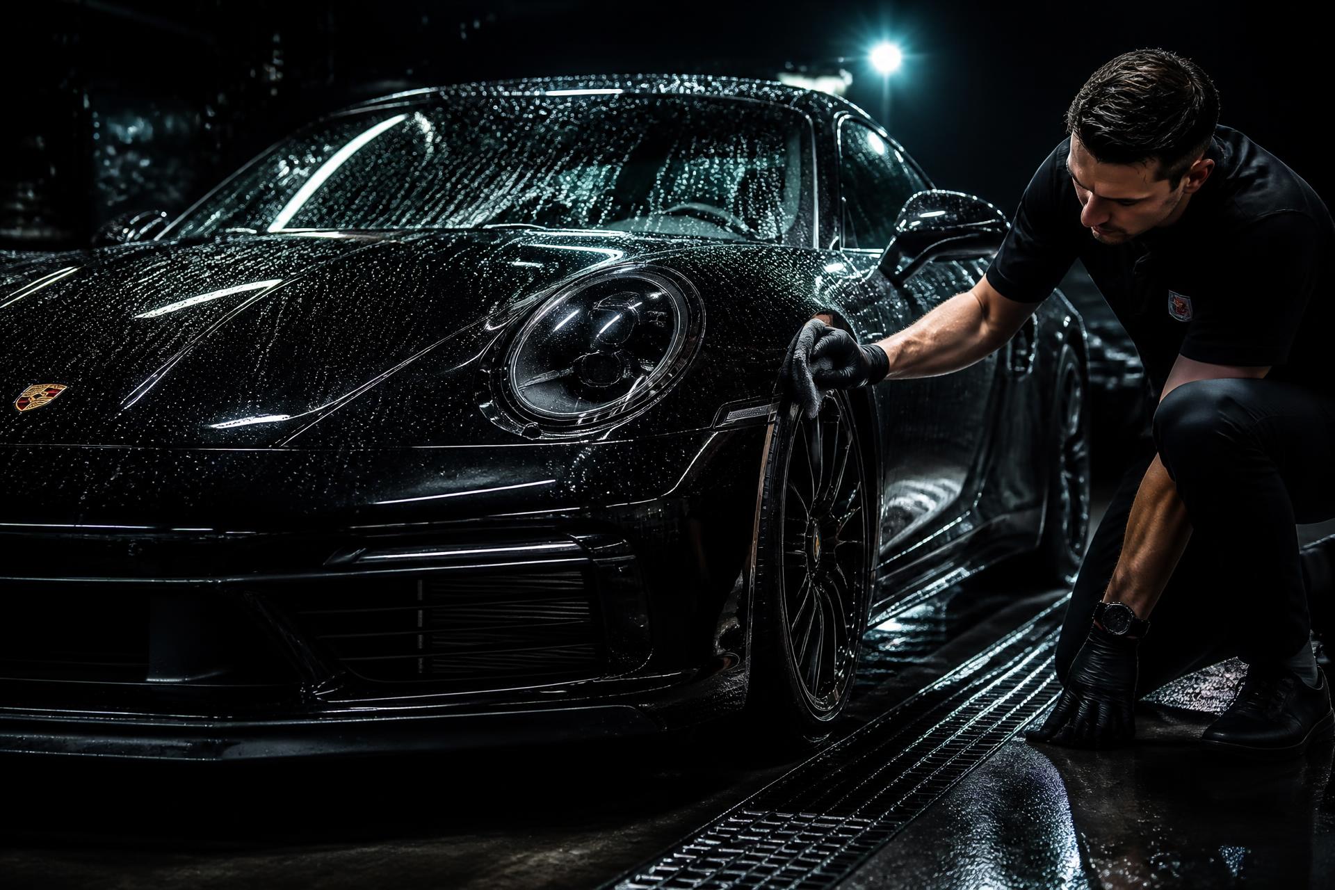 Professionally detailed luxury black sports car